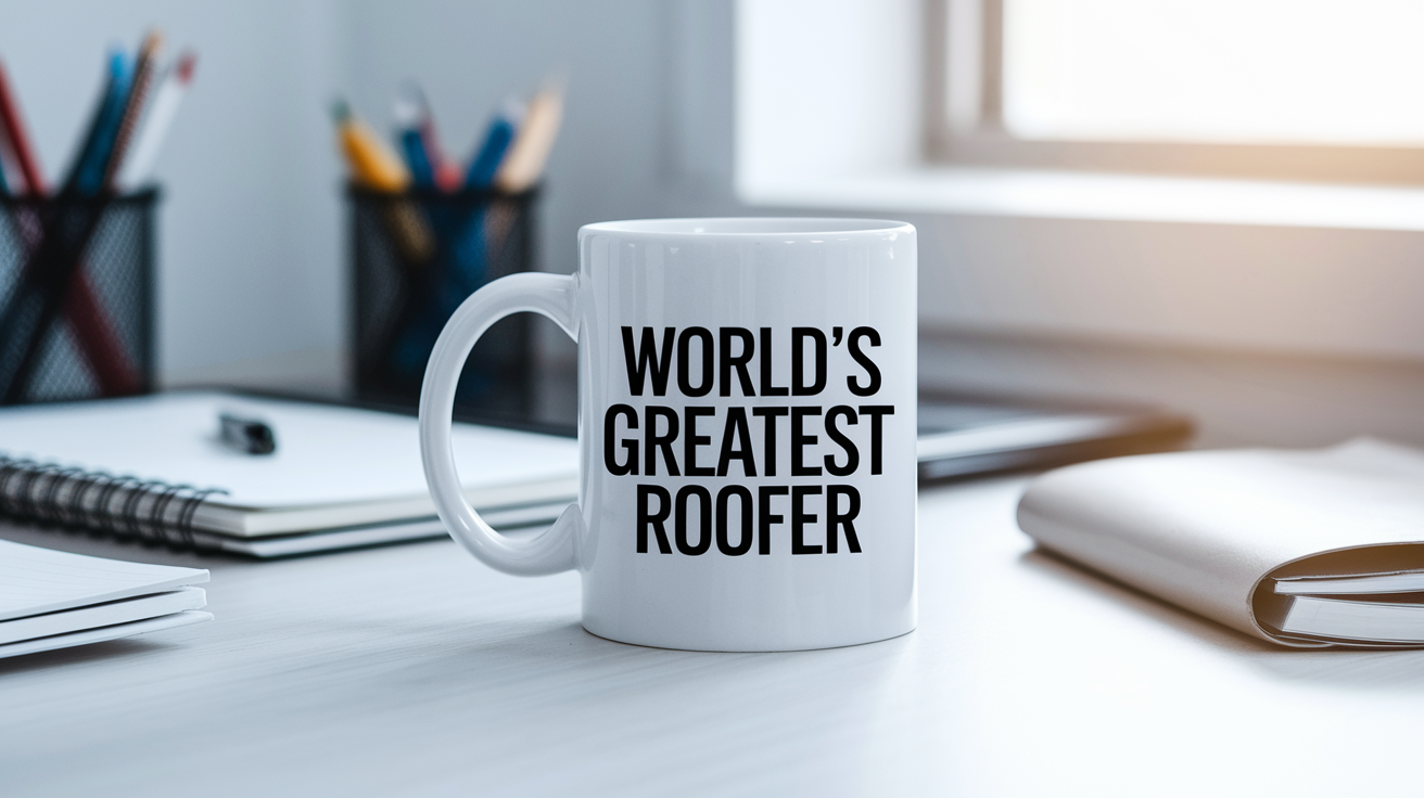 World's Greatest Roofer quote on coffee mug mockup for Amazon POD