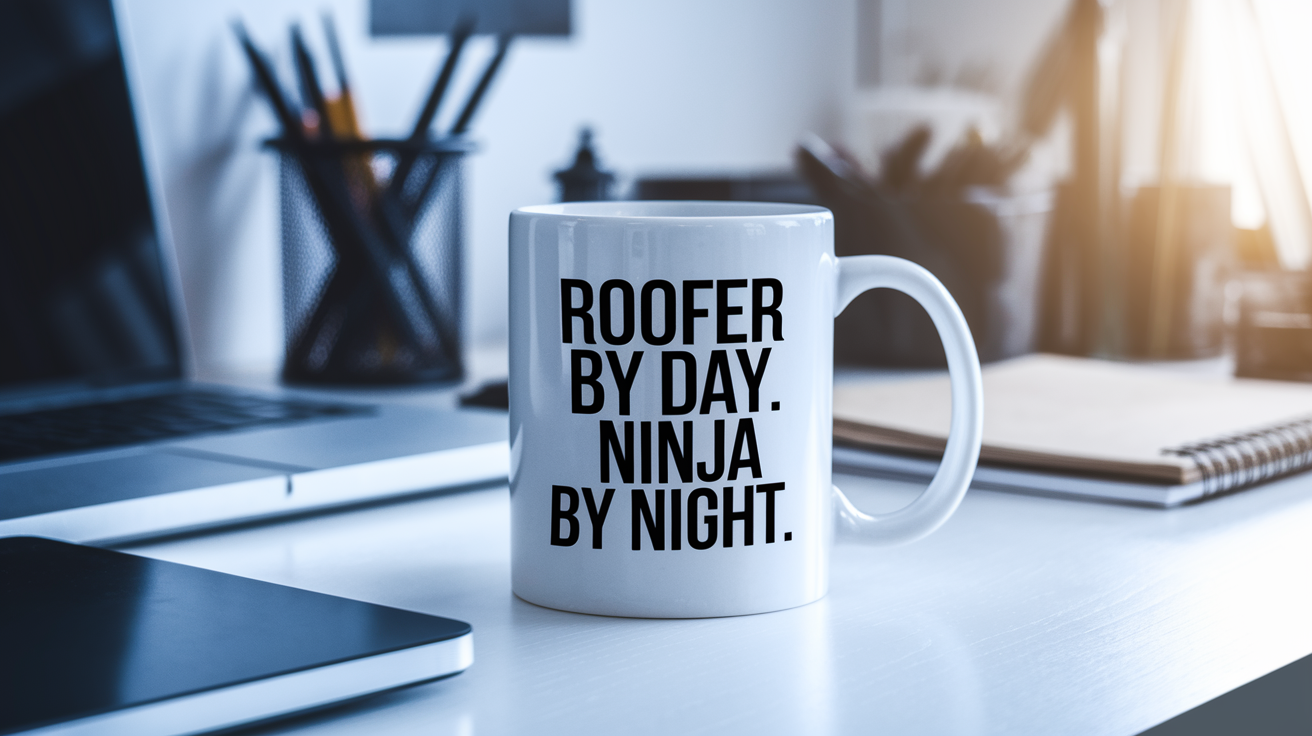 Roofer by Day Ninja by Night quote on coffee mug mockup for Amazon POD