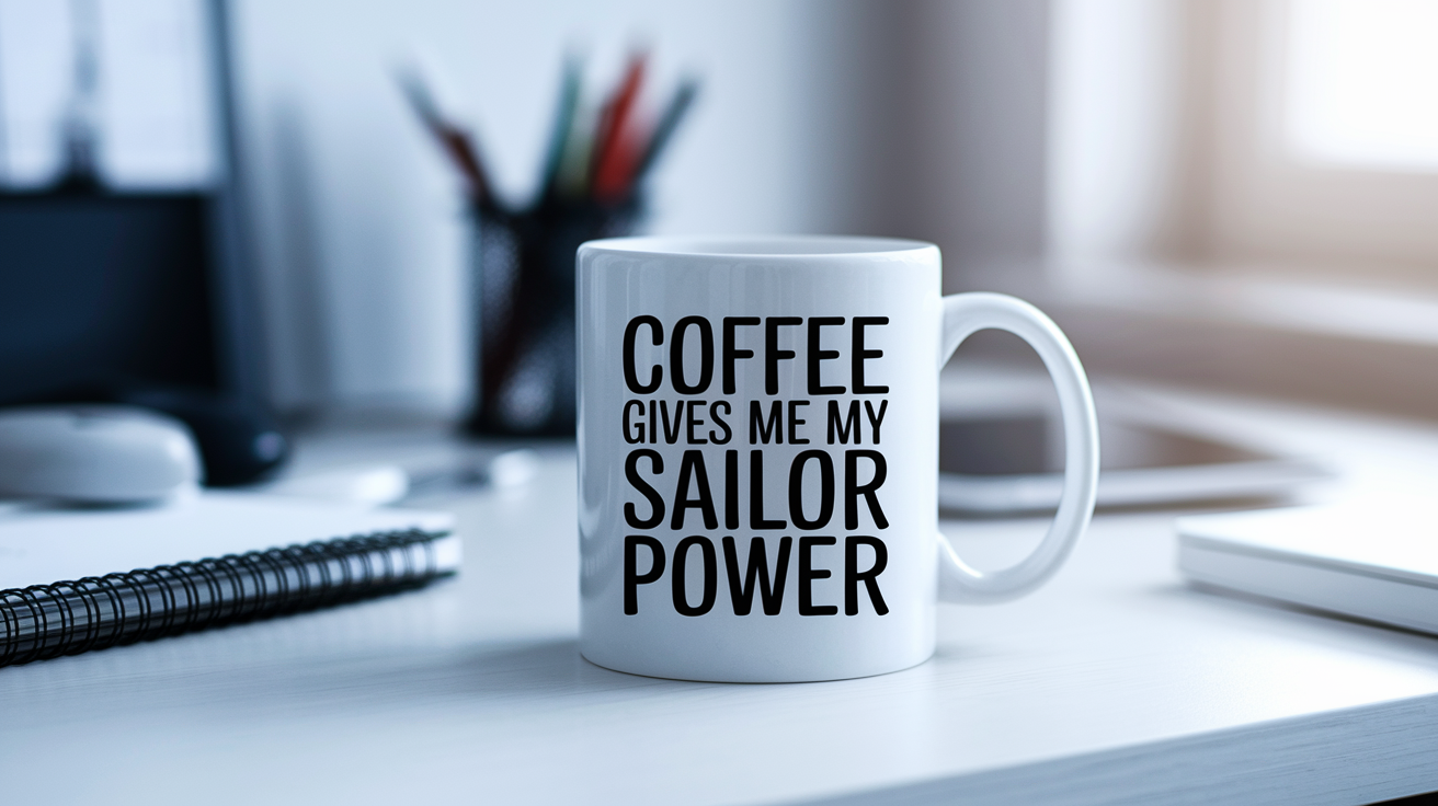 Coffee Gives Me My Sailor Power quote on coffee mug mockup for Amazon POD