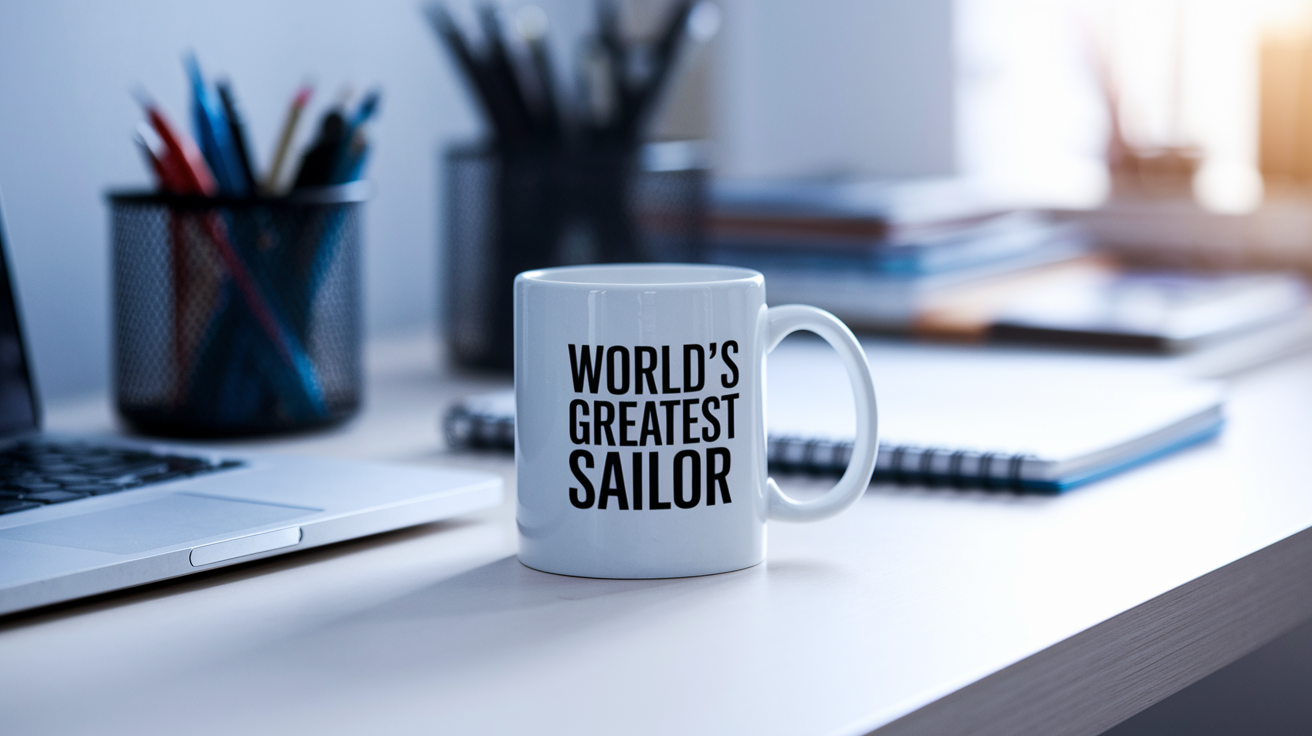 World's Greatest Sailor quote on coffee mug mockup for Amazon POD