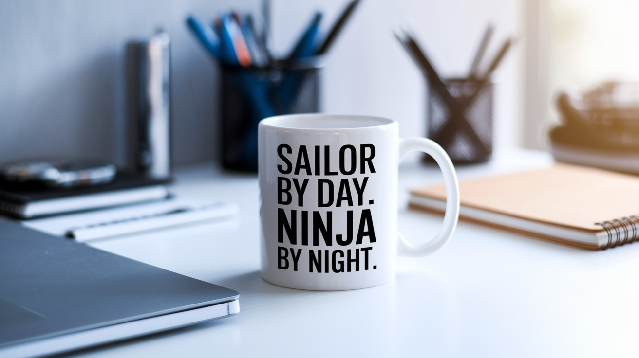 Sailor by Day Ninja by Night quote on coffee mug mockup for Amazon POD