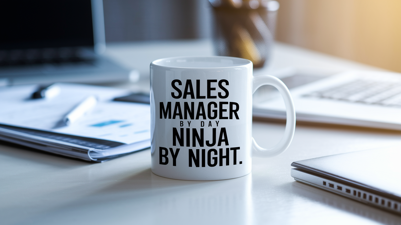 Sales Manager by Day Ninja by Night quote on coffee mug mockup for Amazon POD