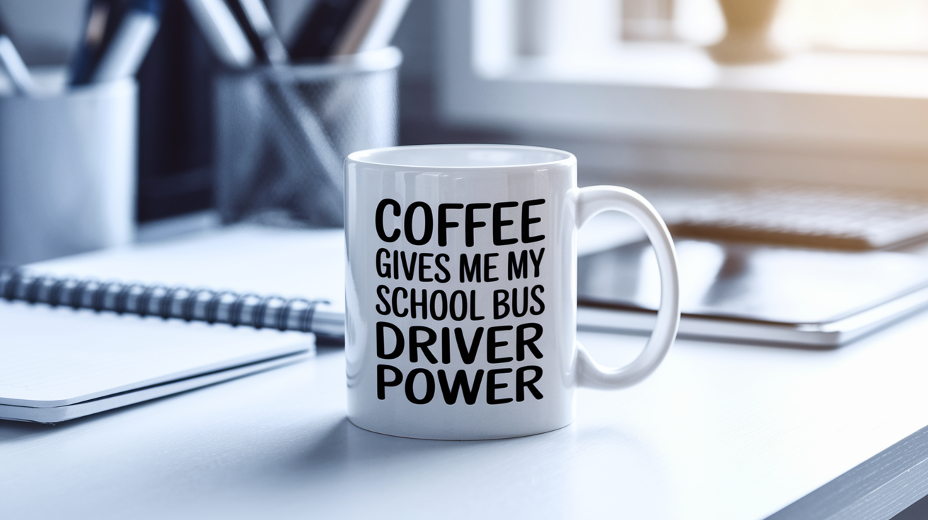 Coffee Gives Me My School Bus Driver Power quote on coffee mug mockup for Amazon POD