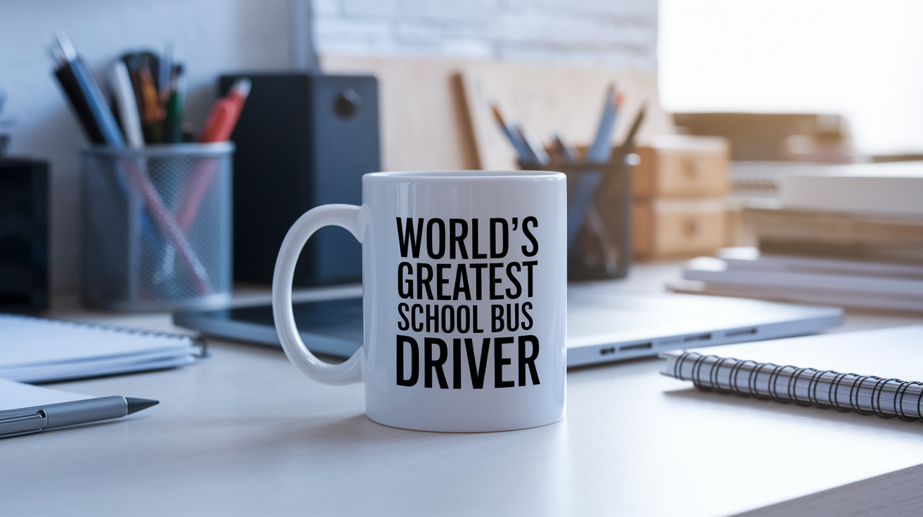 World's Greatest School Bus Driver quote on coffee mug mockup for Amazon POD