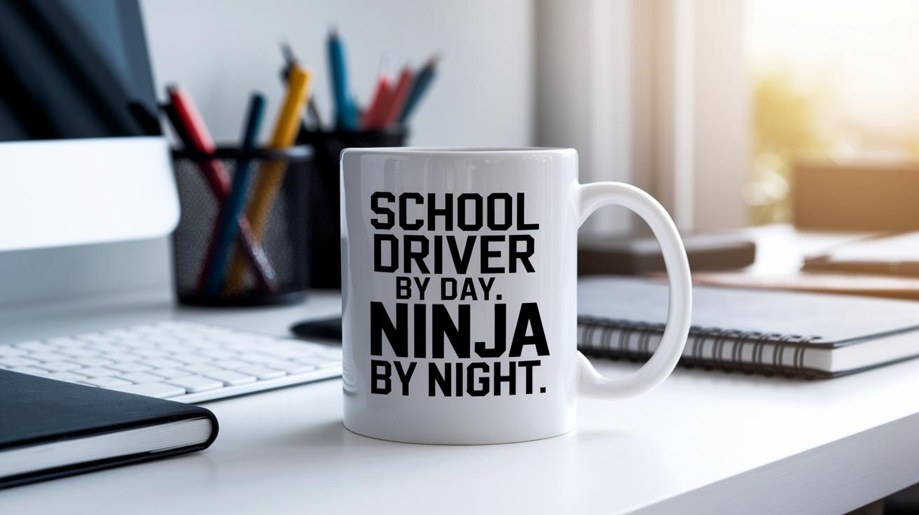 School Bus Driver by Day Ninja by Night quote on coffee mug mockup for Amazon POD