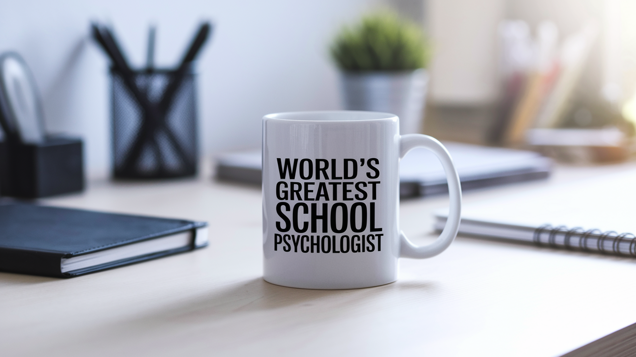 World's Greatest School Psychologist quote on coffee mug mockup for Amazon POD