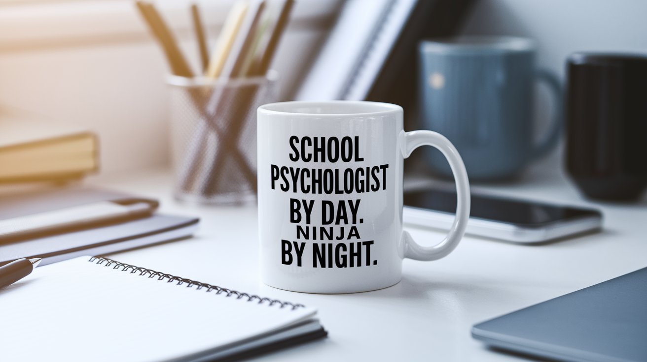 School Psychologist by Day Ninja by Night quote on coffee mug mockup for Amazon POD