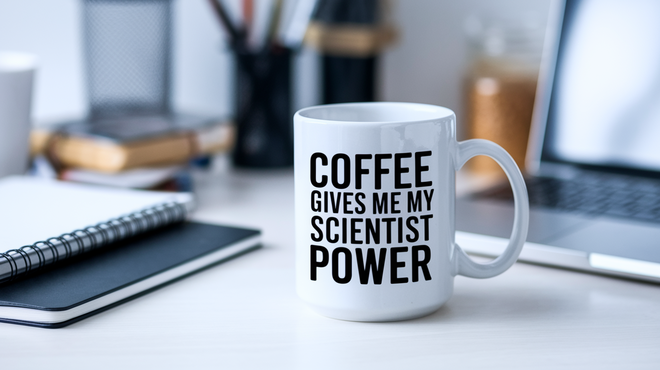 Coffee Gives Me My Scientist Power quote on coffee mug mockup for Amazon POD