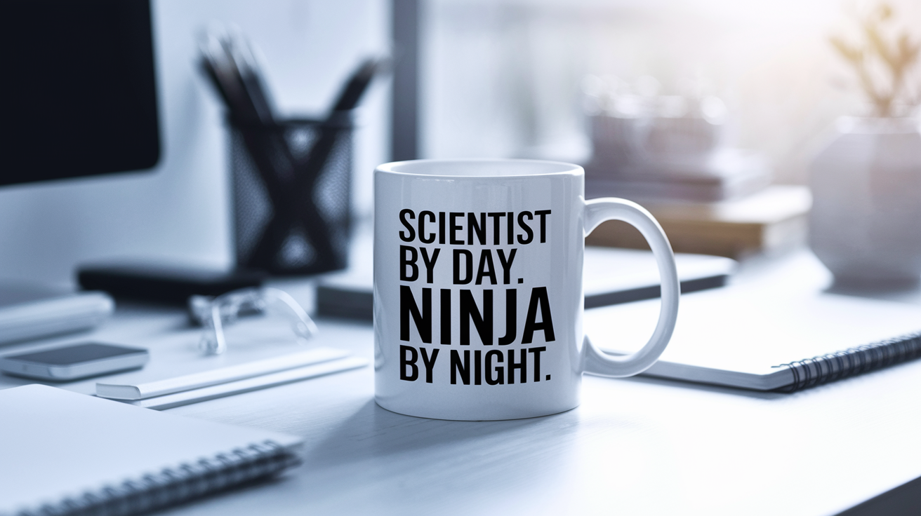 Scientist by Day Ninja by Night quote on coffee mug mockup for Amazon POD