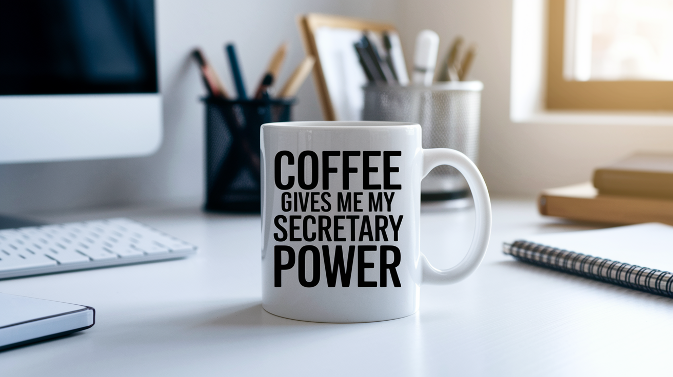 Coffee Gives Me My Secretary Power quote on coffee mug mockup for Amazon POD