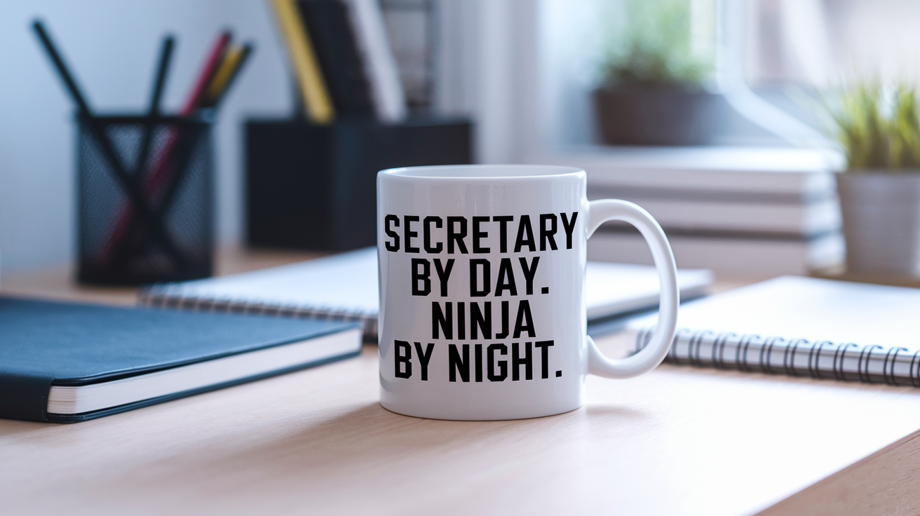Secretary by Day Ninja by Night quote on coffee mug mockup for Amazon POD