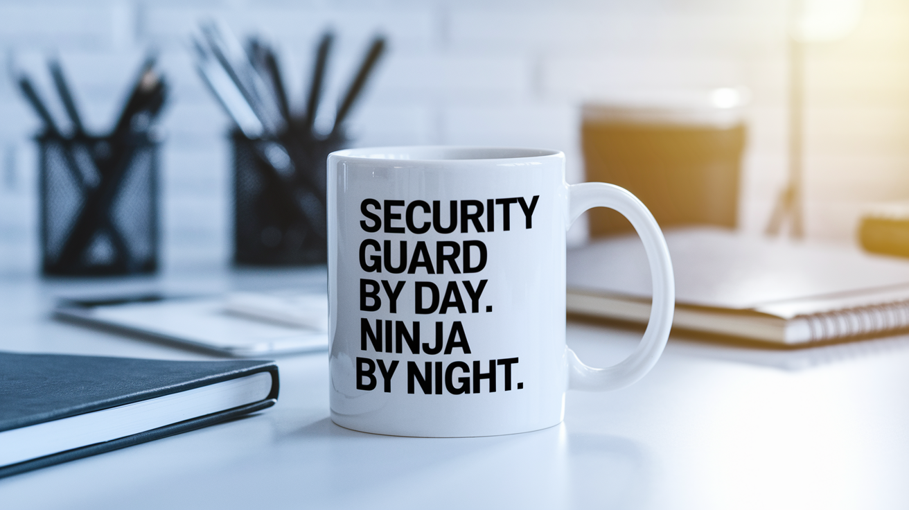 Security Guard by Day Ninja by Night quote on coffee mug mockup for Amazon POD