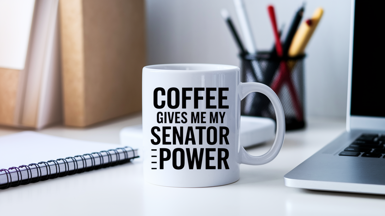 Coffee Gives Me My Senator Power quote on coffee mug mockup for Amazon POD