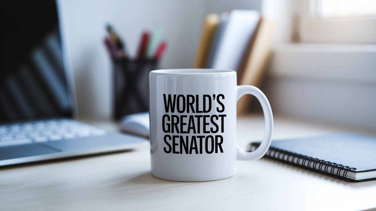 World's Greatest Senator quote on coffee mug mockup for Amazon POD