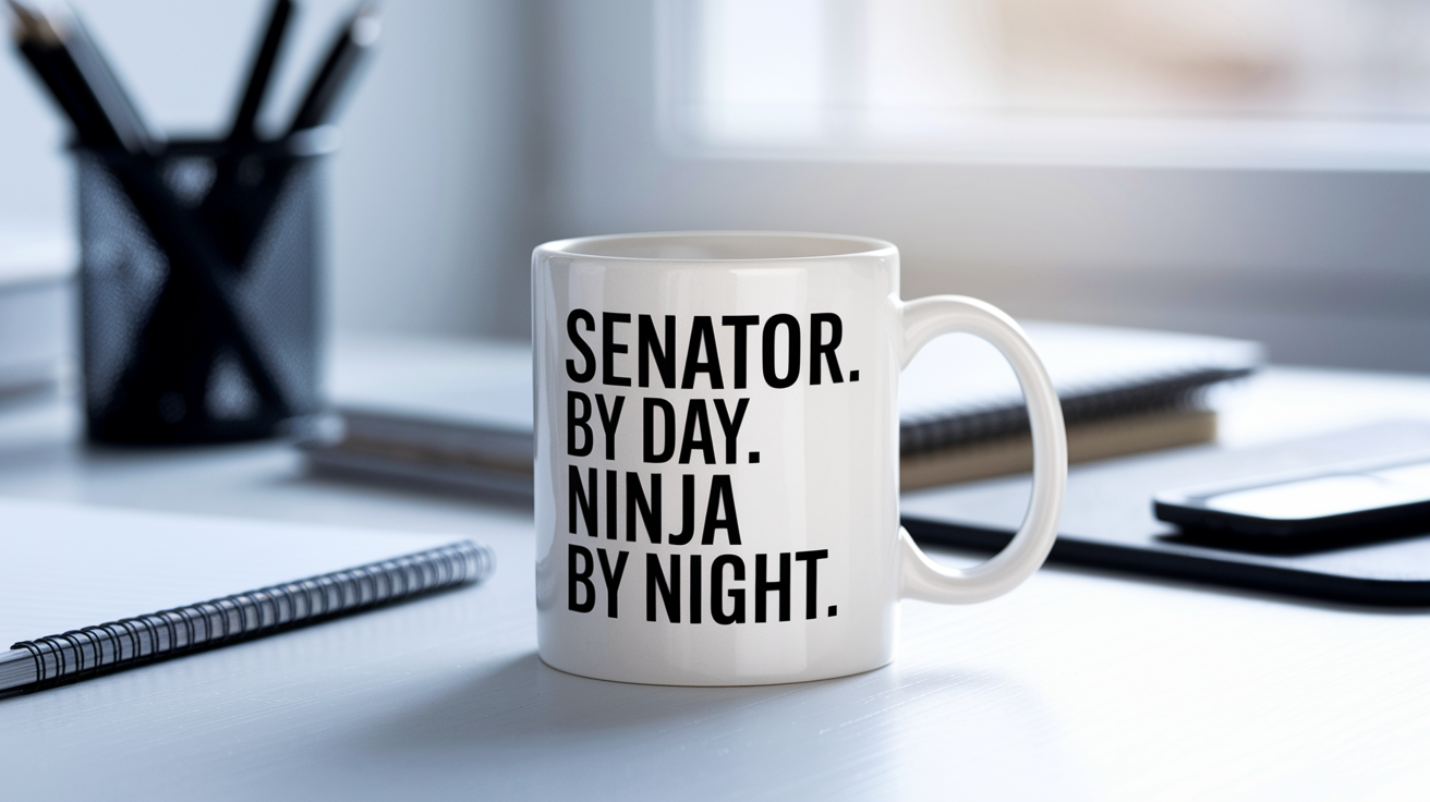 Senator by Day Ninja by Night quote on coffee mug mockup for Amazon POD