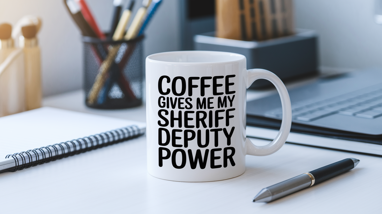 Coffee Gives Me My Sheriff Deputy Power quote on coffee mug mockup for Amazon POD