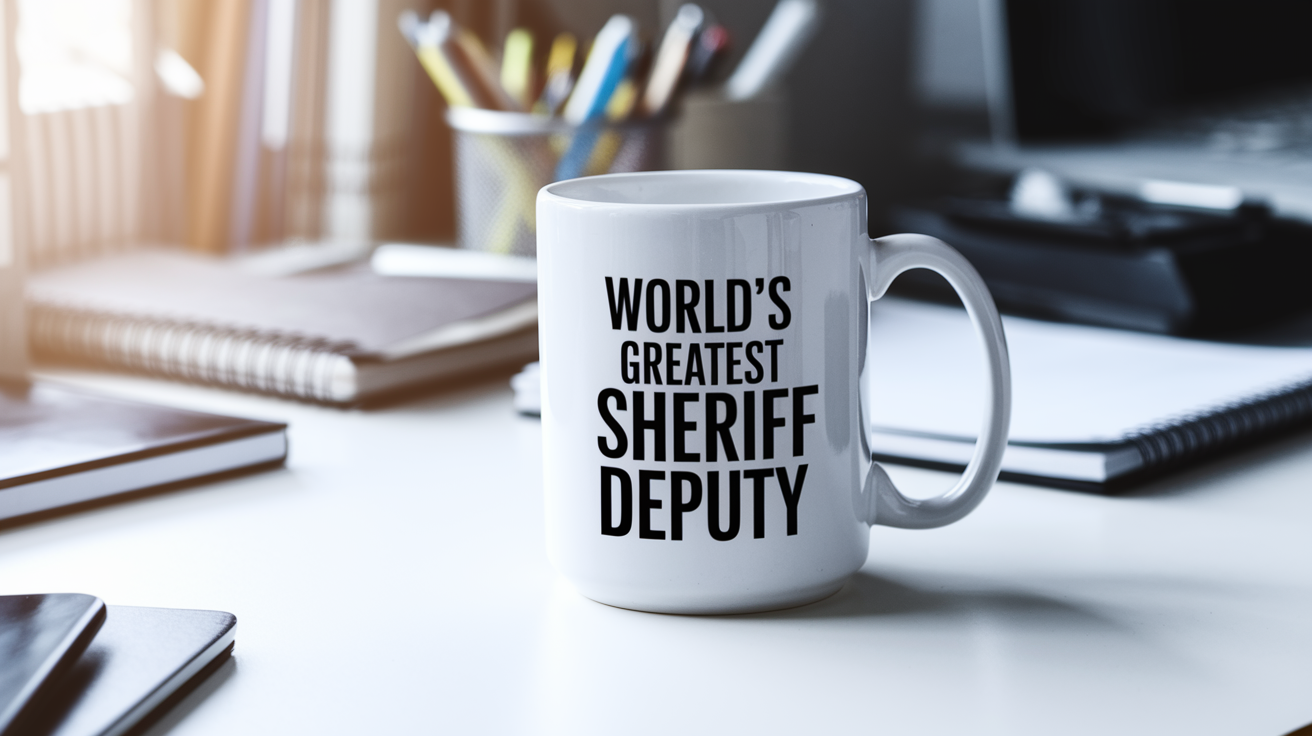World's Greatest Sheriff Deputy quote on coffee mug mockup for Amazon POD