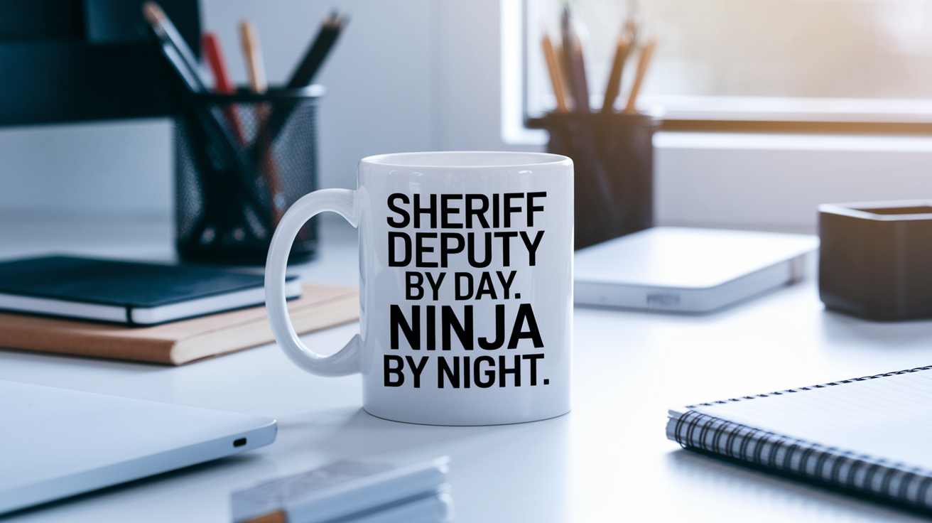 Sheriff Deputy by Day Ninja by Night quote on coffee mug mockup for Amazon POD