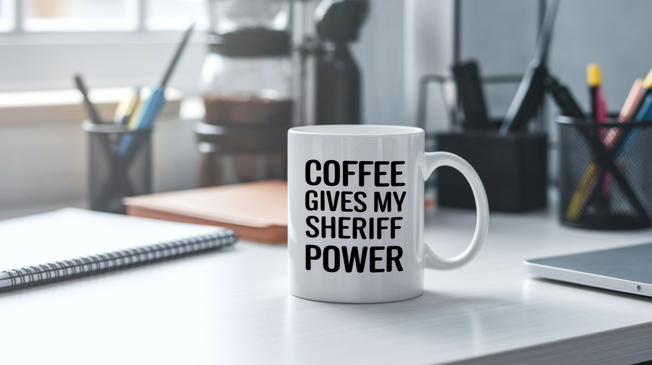 Coffee Gives Me My Sheriff Power quote on coffee mug mockup for Amazon POD