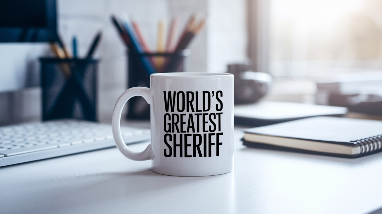 World's Greatest Sheriff quote on coffee mug mockup for Amazon POD