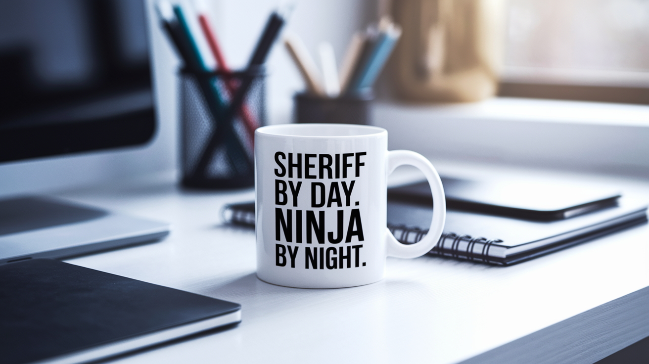 Sheriff by Day Ninja by Night quote on coffee mug mockup for Amazon POD
