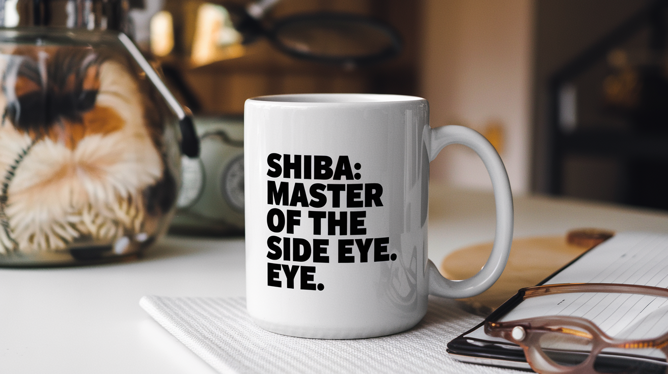 Shiba Inu Dog by Day Ninja by Night quote on coffee mug mockup for Amazon POD