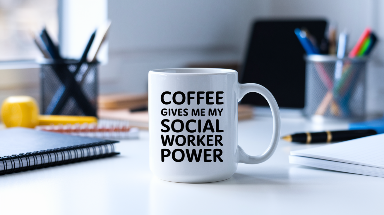 Coffee Gives Me My Social Worker Power quote on coffee mug mockup for Amazon POD