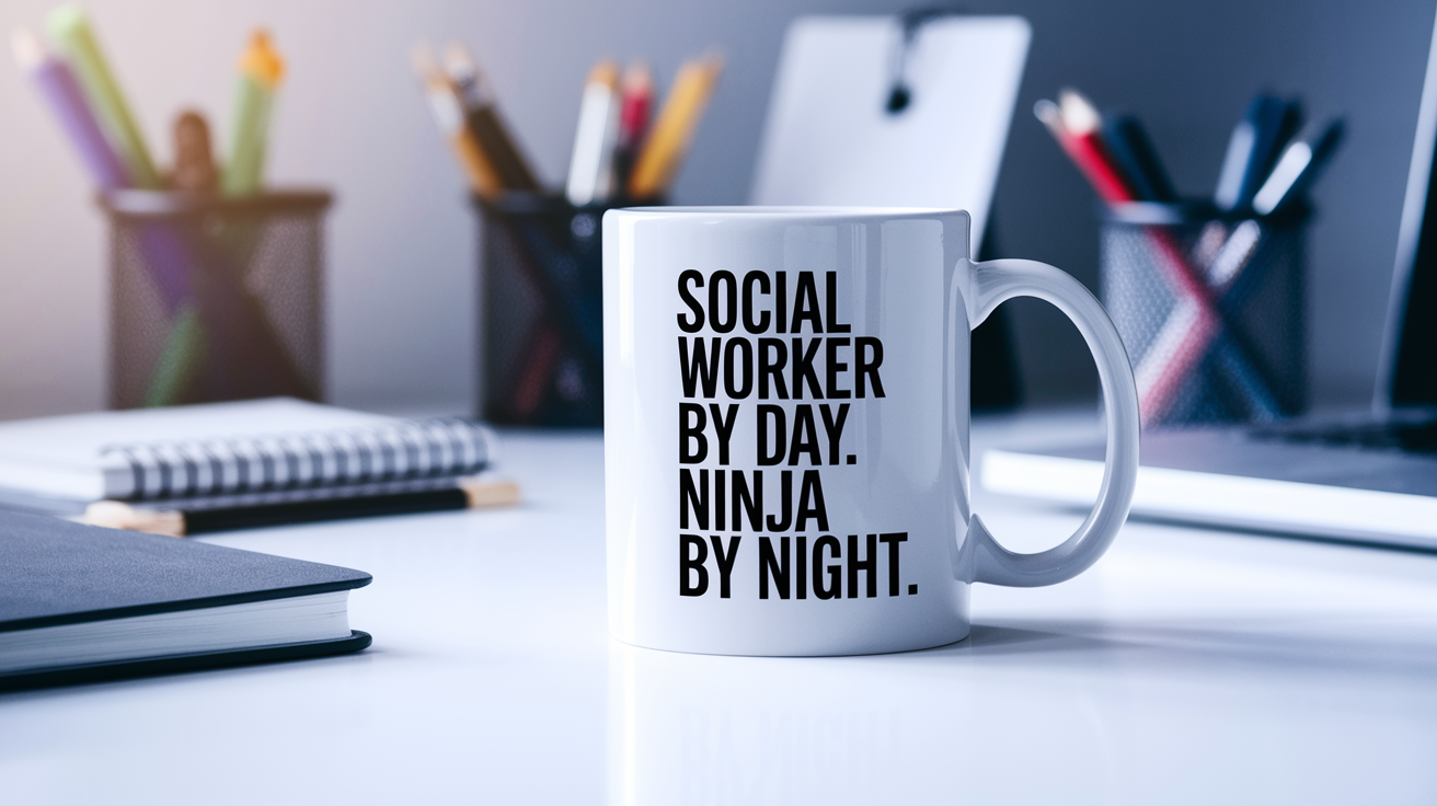 Social Worker by Day Ninja by Night quote on coffee mug mockup for Amazon POD