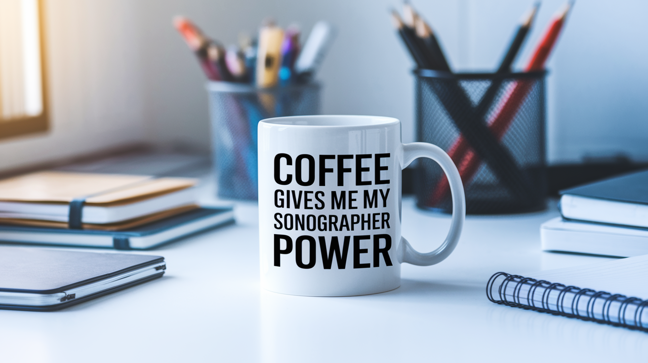 Coffee Gives Me My Sonographer Power quote on coffee mug mockup for Amazon POD