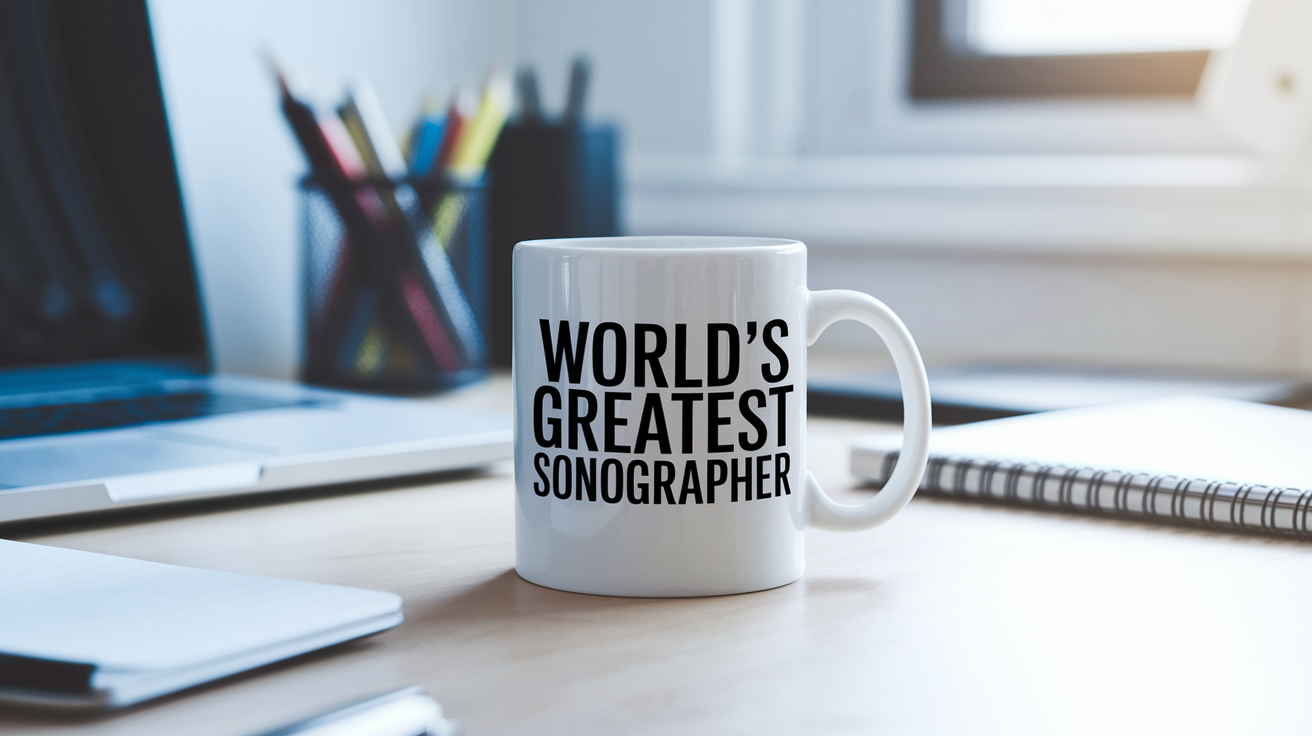 World's Greatest Sonographer quote on coffee mug mockup for Amazon POD