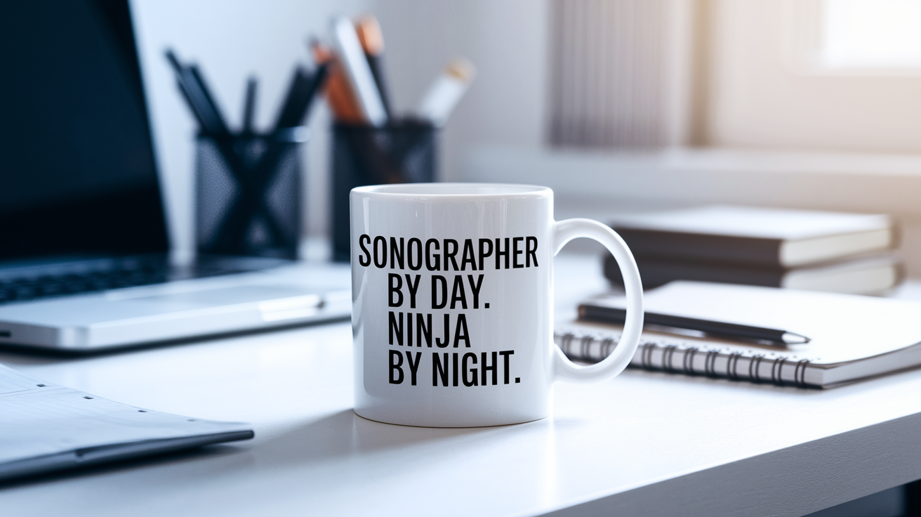 Sonographer by Day Ninja by Night quote on coffee mug mockup for Amazon POD