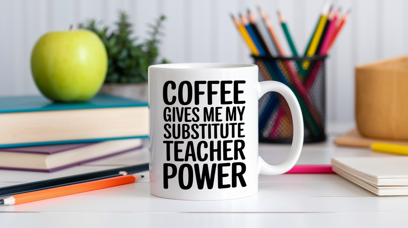 Coffee Gives Me My Substitute Teacher Power quote on coffee mug mockup for Amazon POD