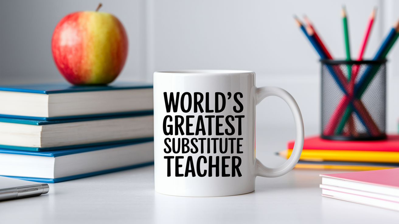 World's Greatest Substitute Teacher quote on coffee mug mockup for Amazon POD