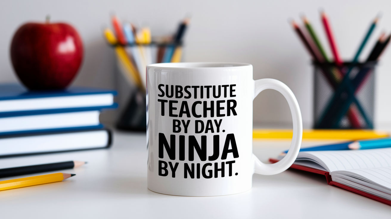 Substitute Teacher by Day Ninja by Night quote on coffee mug mockup for Amazon POD