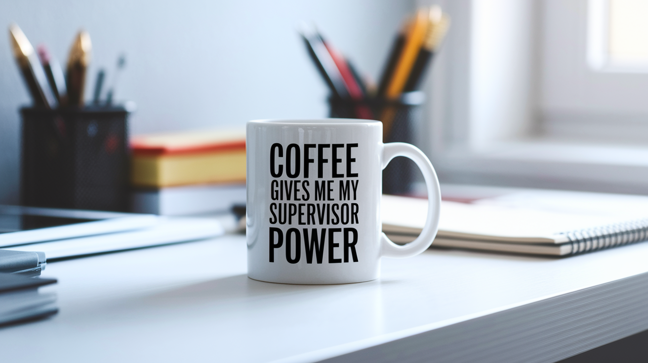 Coffee Gives Me My Supervisor Power quote on coffee mug mockup for Amazon POD