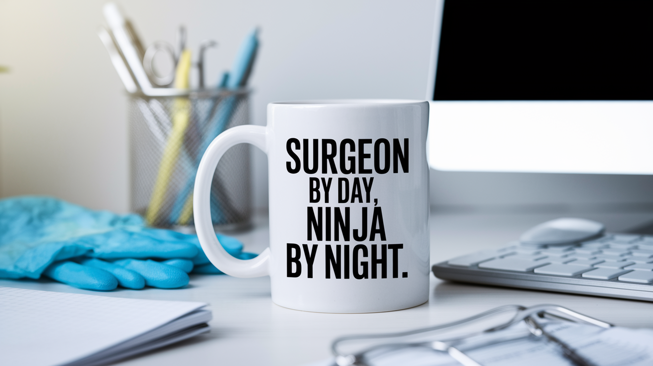 Surgeon by Day Ninja by Night quote on coffee mug mockup for Amazon POD