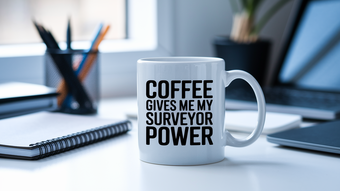 Coffee Gives Me My Surveyor Power quote on coffee mug mockup for Amazon POD