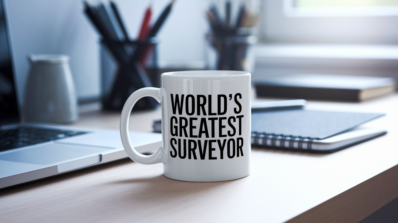 World's Greatest Surveyor quote on coffee mug mockup for Amazon POD