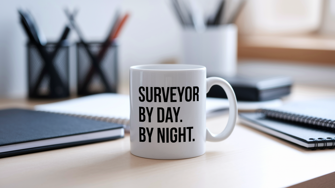 Surveyor by Day Ninja by Night quote on coffee mug mockup for Amazon POD