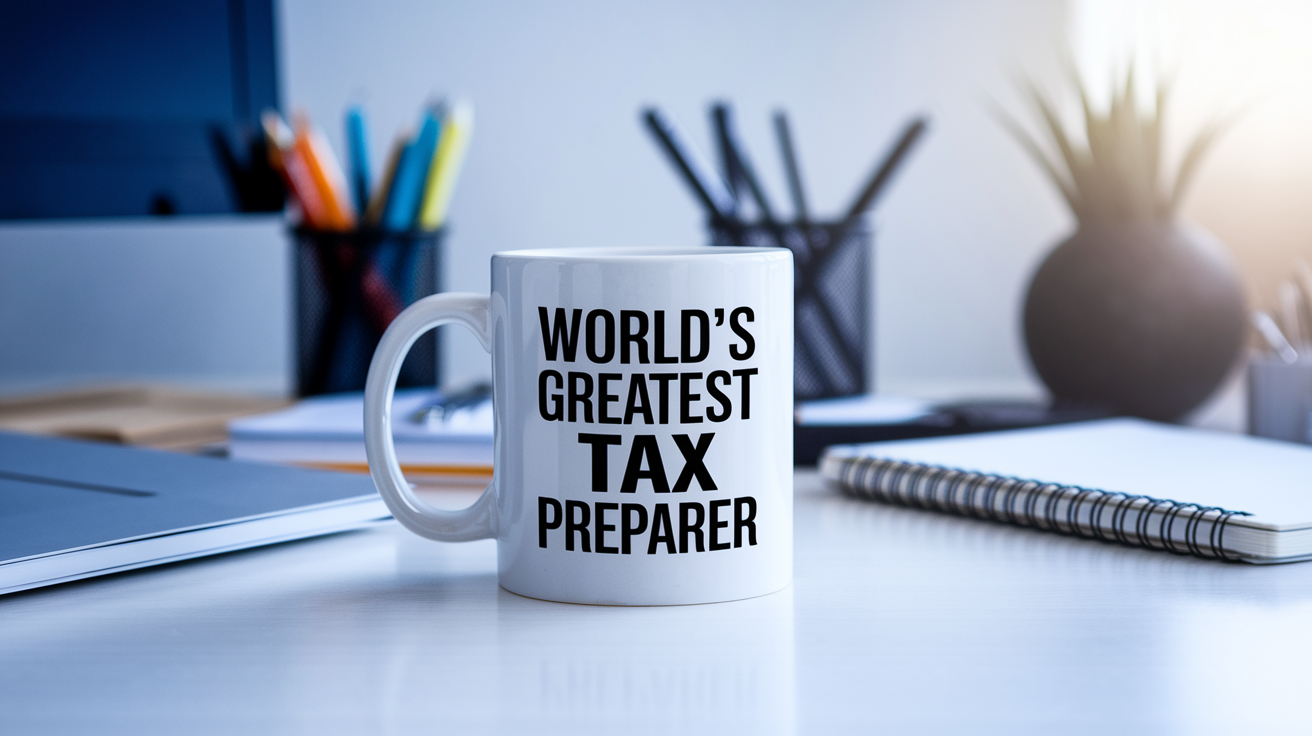 World's Greatest Tax Preparer quote on coffee mug mockup for Amazon POD