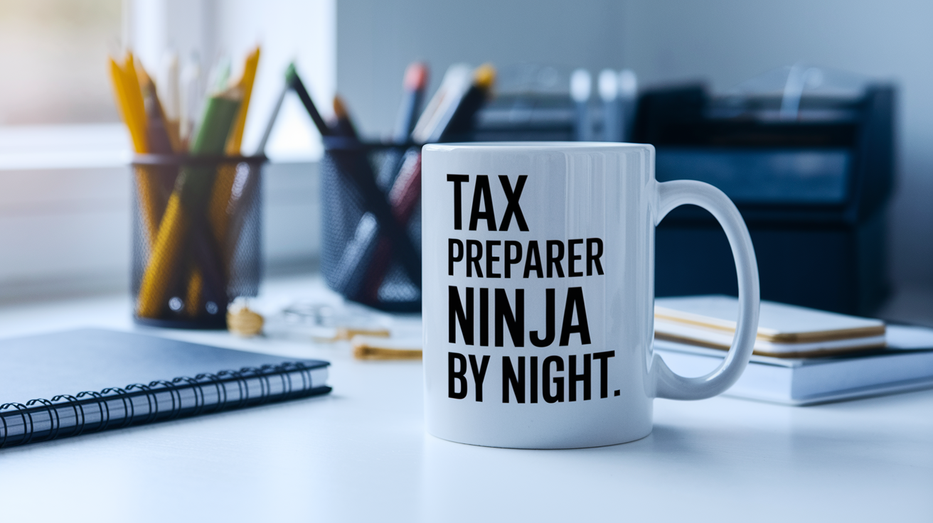 Tax Preparer by Day Ninja by Night quote on coffee mug mockup for Amazon POD