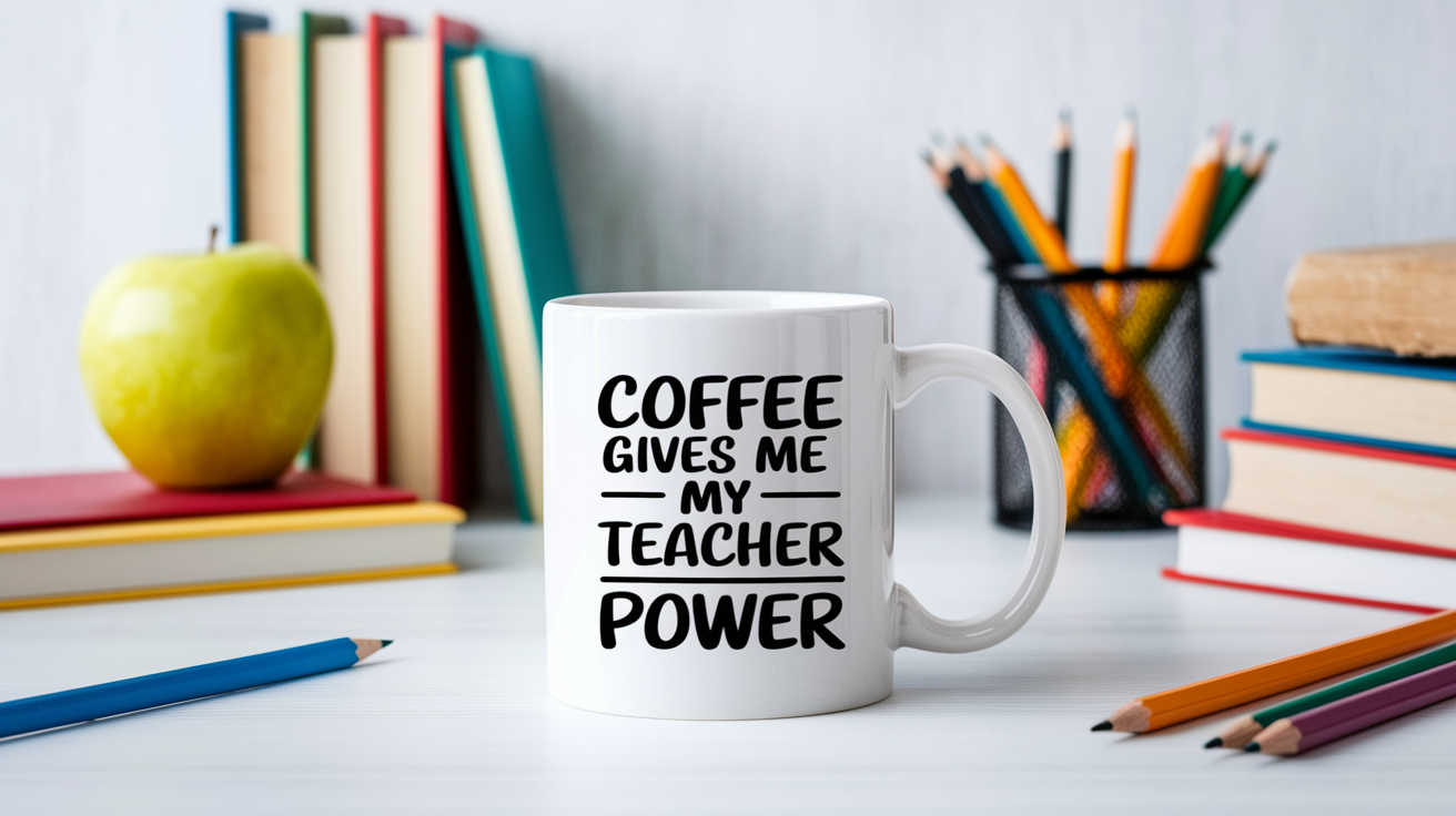 Coffee Gives Me My Teacher Power quote on coffee mug mockup for Amazon POD