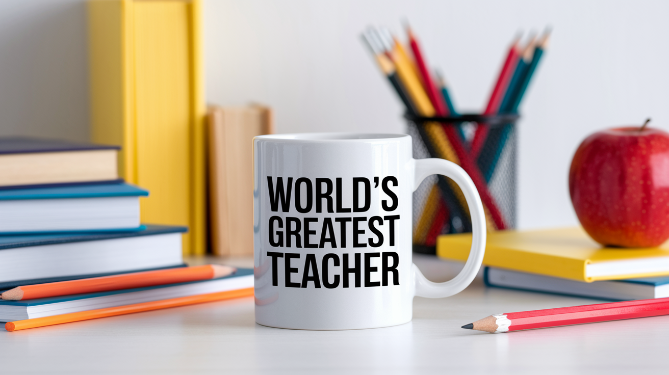 World's Greatest Teacher quote on coffee mug mockup for Amazon POD
