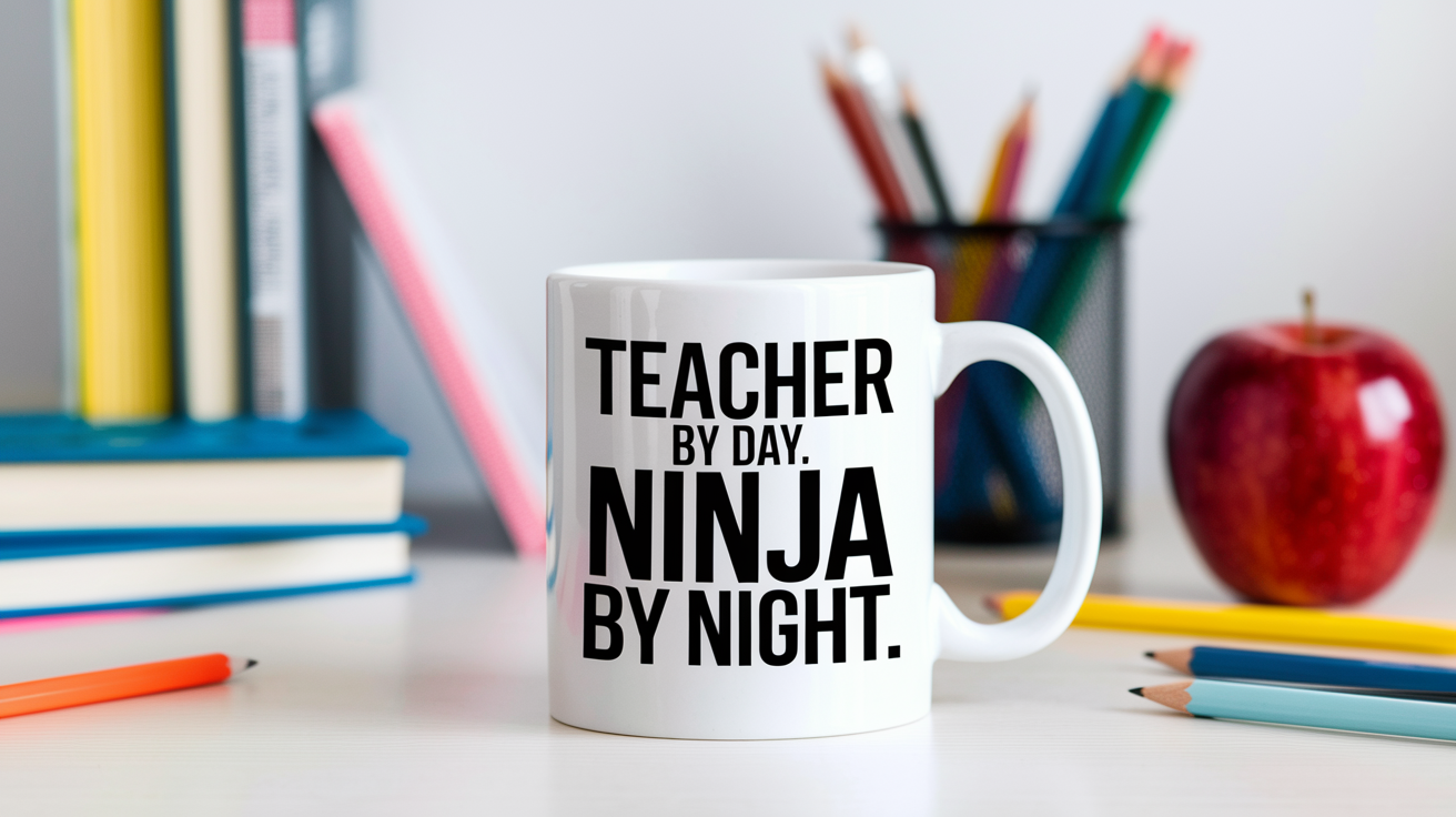 Teacher by Day Ninja by Night quote on coffee mug mockup for Amazon POD