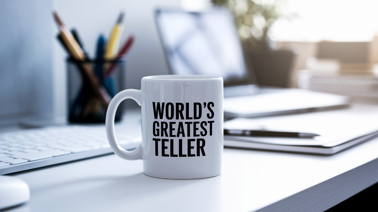 World's Greatest Teller quote on coffee mug mockup for Amazon POD