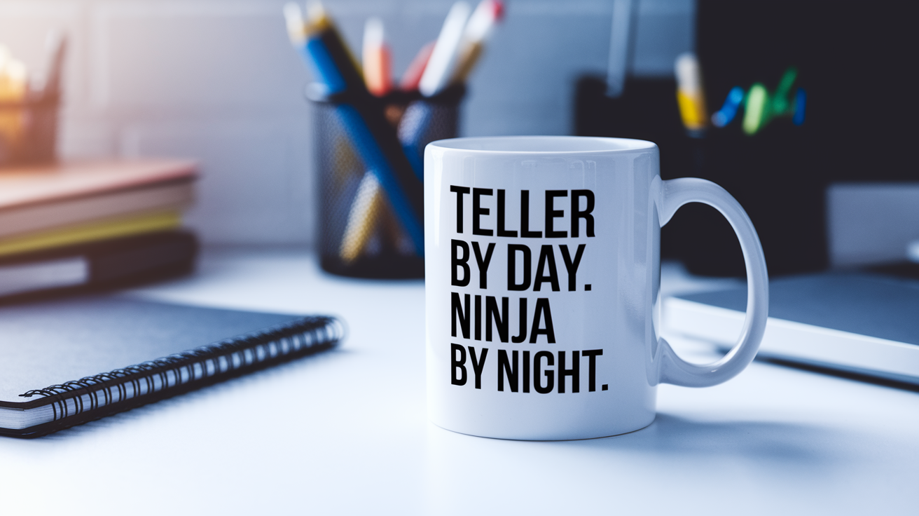 Teller by Day Ninja by Night quote on coffee mug mockup for Amazon POD