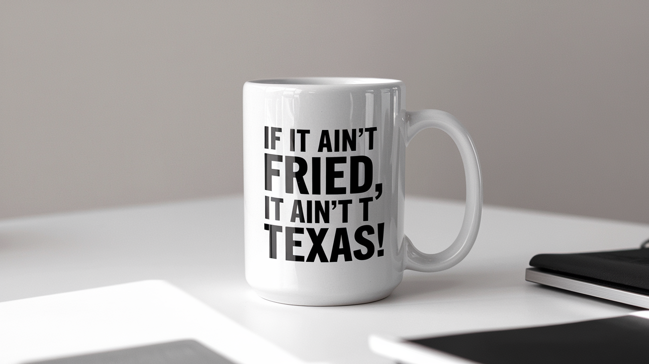 Coffee Gives Me My Texas Power quote on coffee mug mockup for Amazon POD