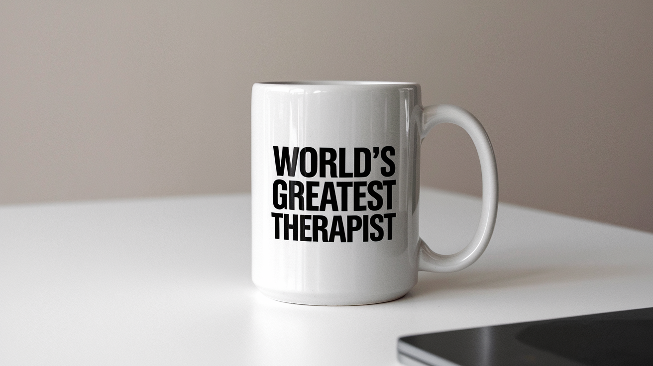 Coffee Gives Me My Therapist Power quote on coffee mug mockup for Amazon POD