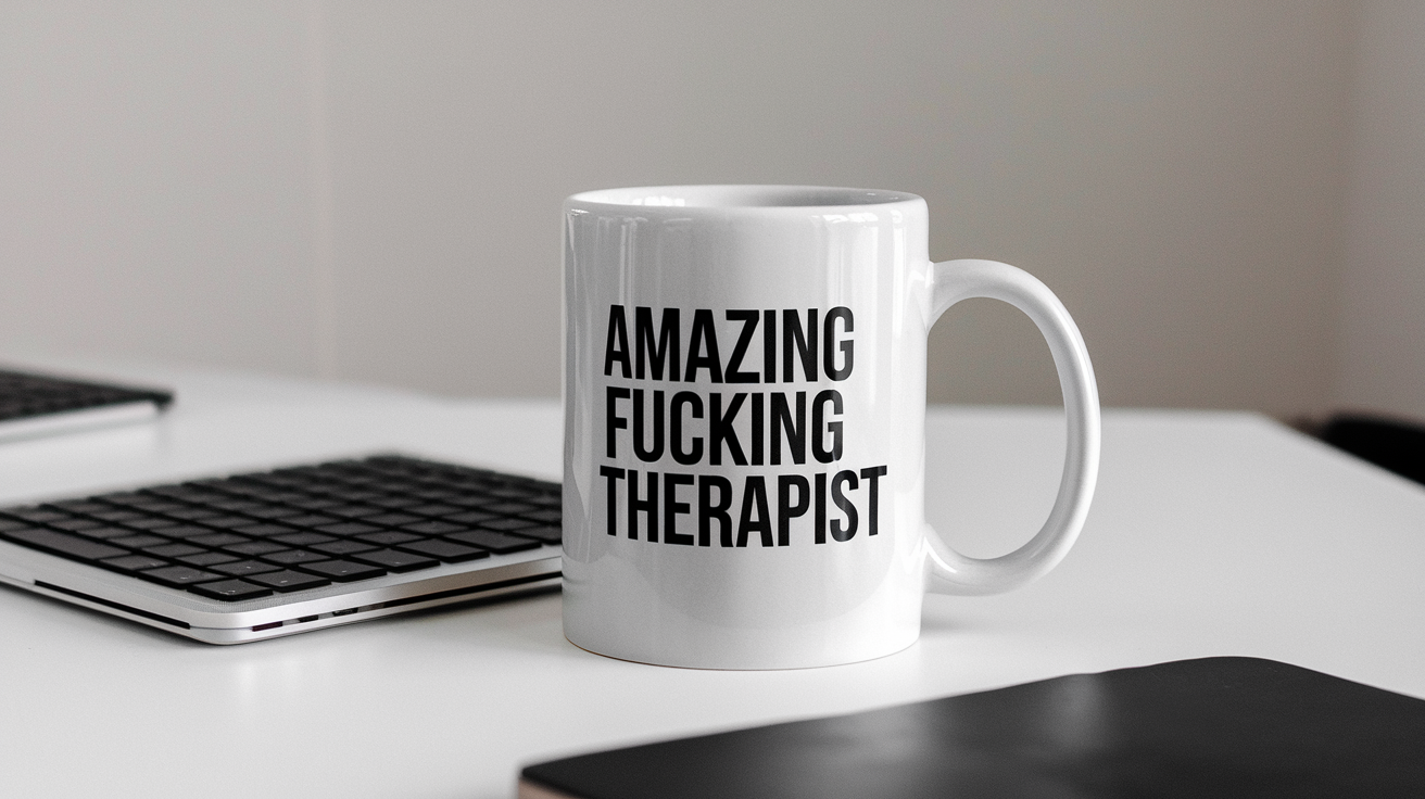 Therapist by Day Ninja by Night quote on coffee mug mockup for Amazon POD