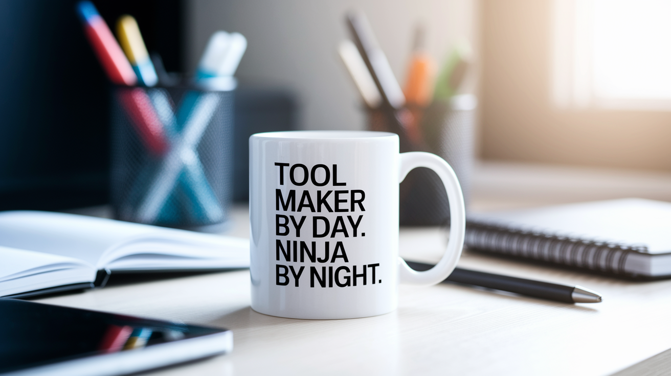 Tool Maker by Day Ninja by Night quote on coffee mug mockup for Amazon POD